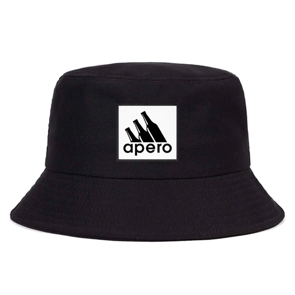 Bob de couleur noir avec inscrit apéro avec le design du logo Adidas.