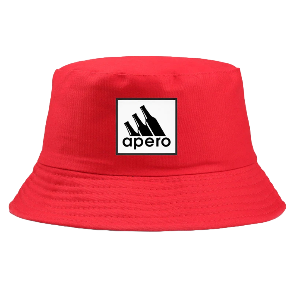 Bob de couleur rouge avec inscrit apéro avec le design du logo Adidas.