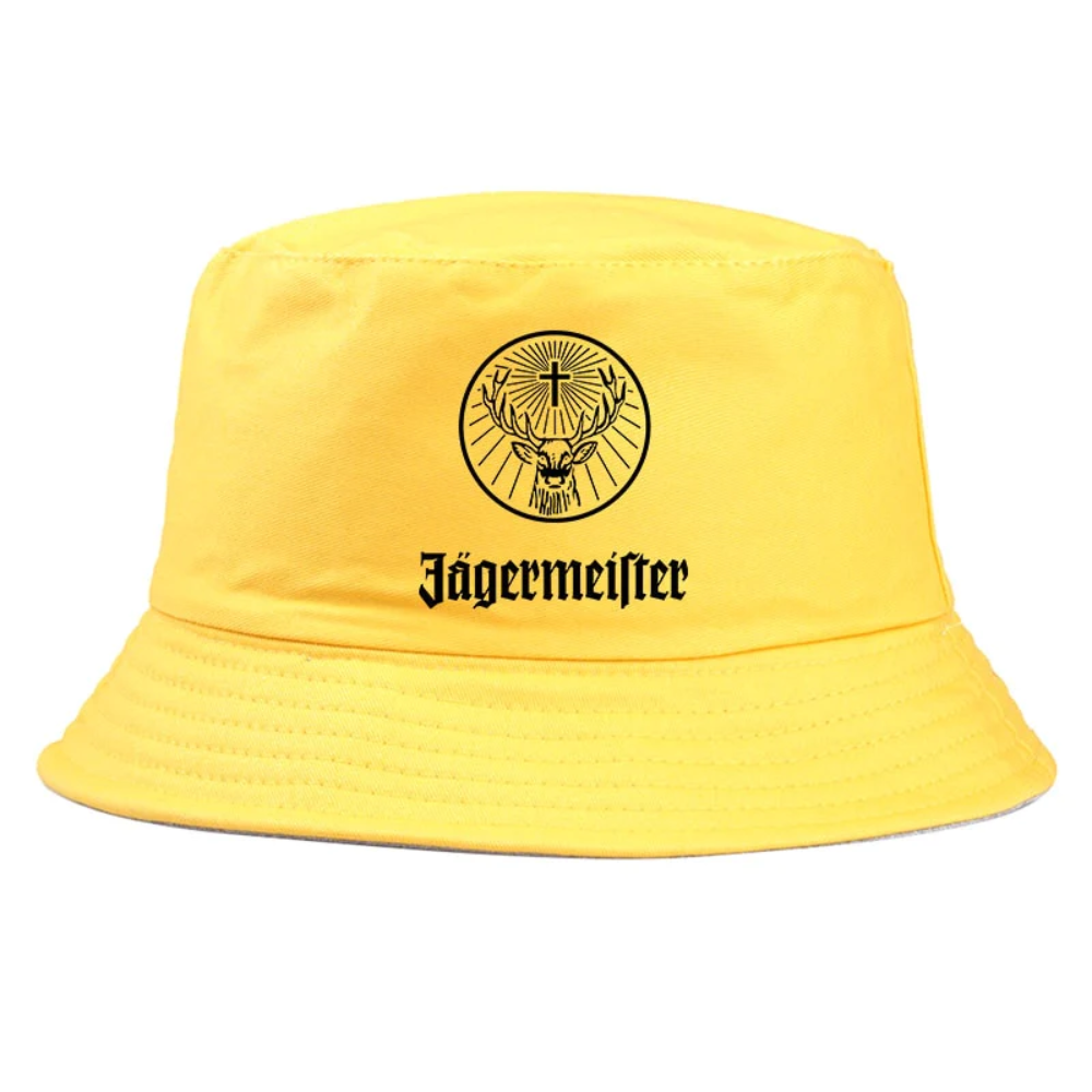 Bob de couleur jaune avec inscrit le logo Jägermeister.