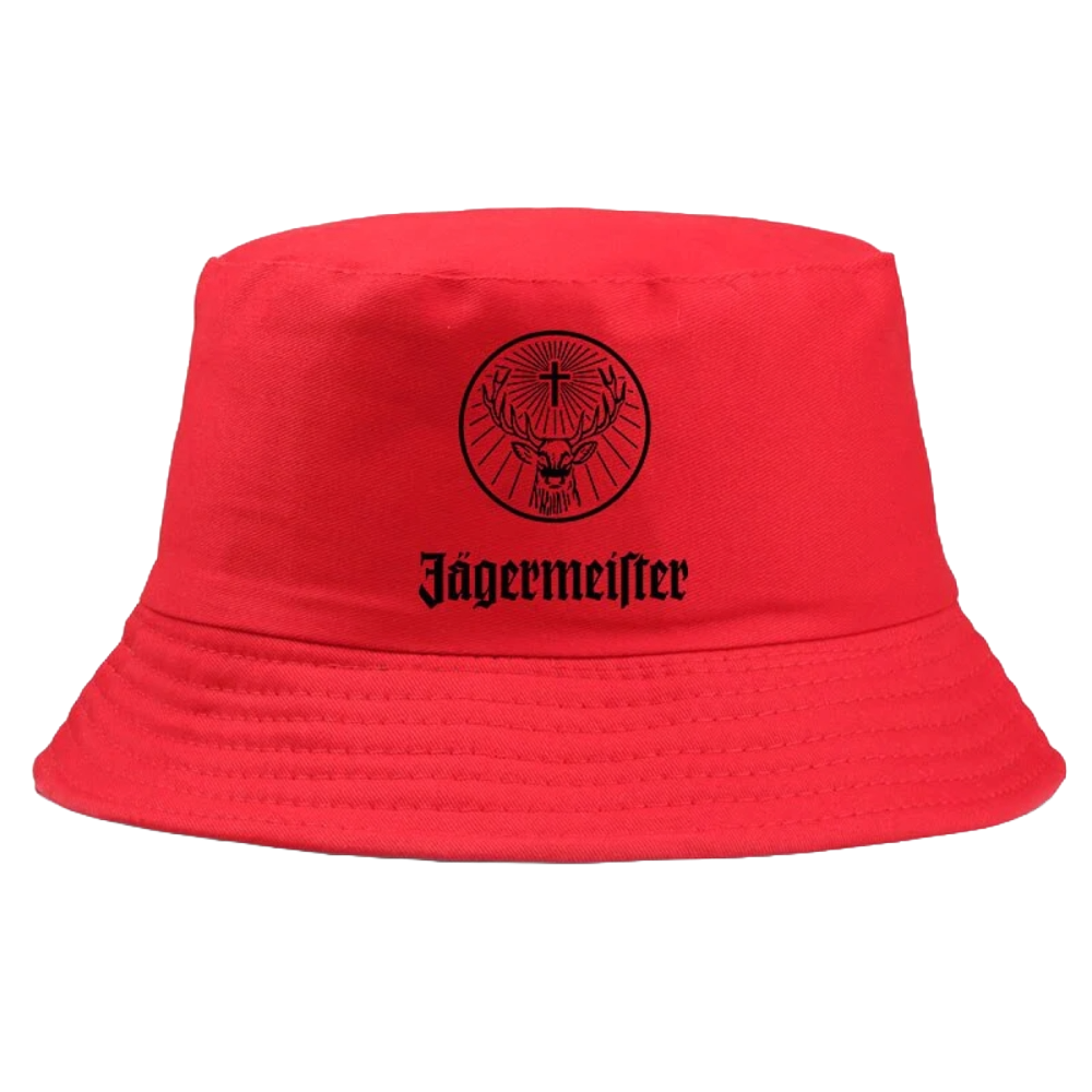 Bob de couleur rouge avec inscrit le logo Jägermeister.